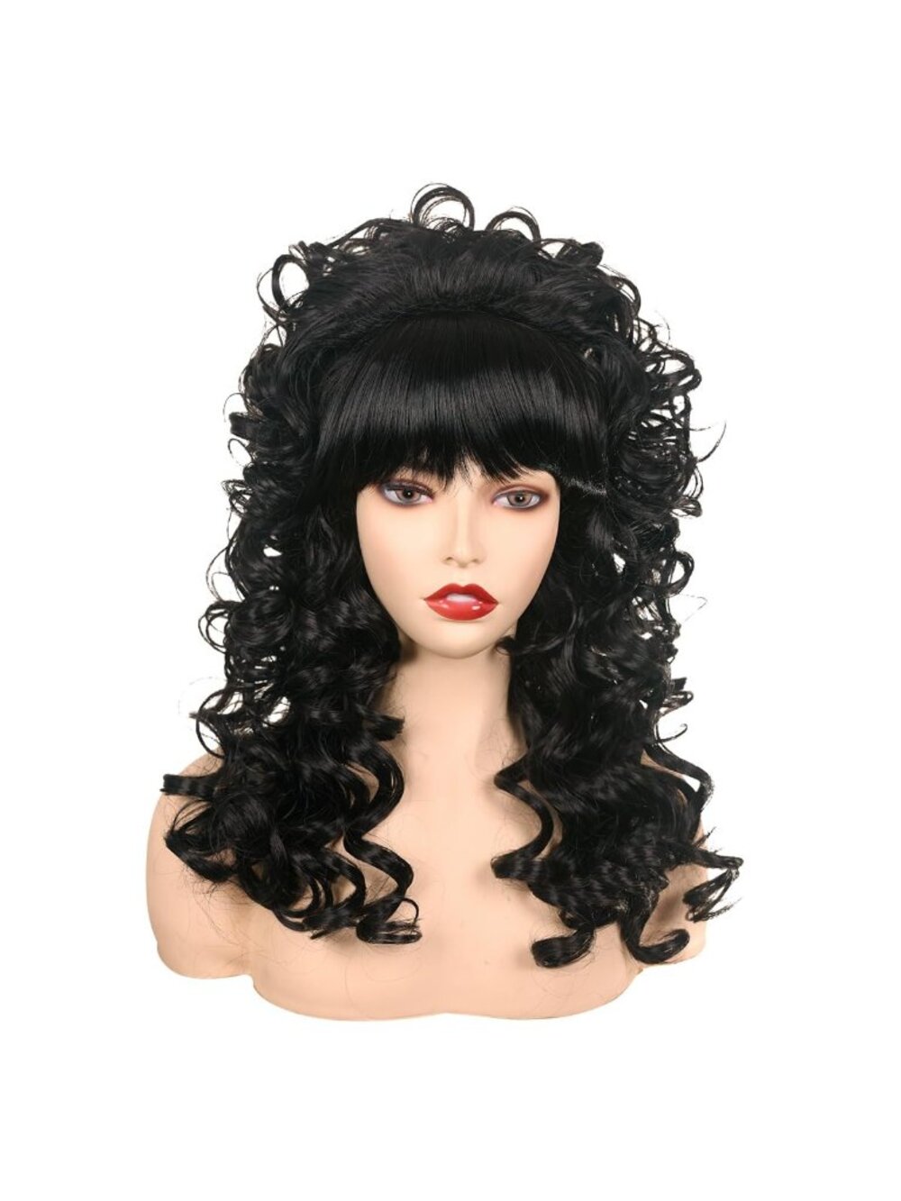 Women's Black Costume For Halloween Long Curly Vintage Cosplay Wig Bangs